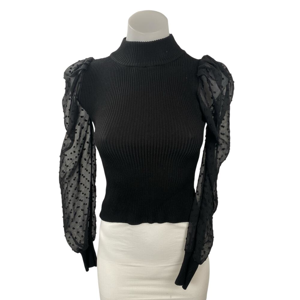 Crave Fame Women's Black Swiss Dot Long Sleeve Mesh Mock Neck Blouse Top Size XS